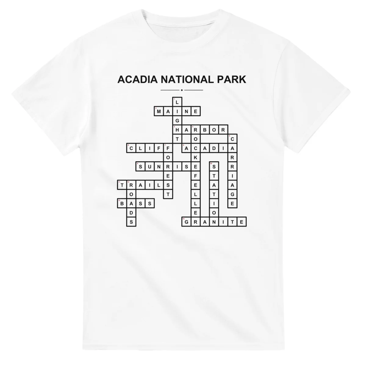 Monochrome crossword sheet for Acadia National Park, with a large place-name heading, a letter grid, and numbered across and down clues.