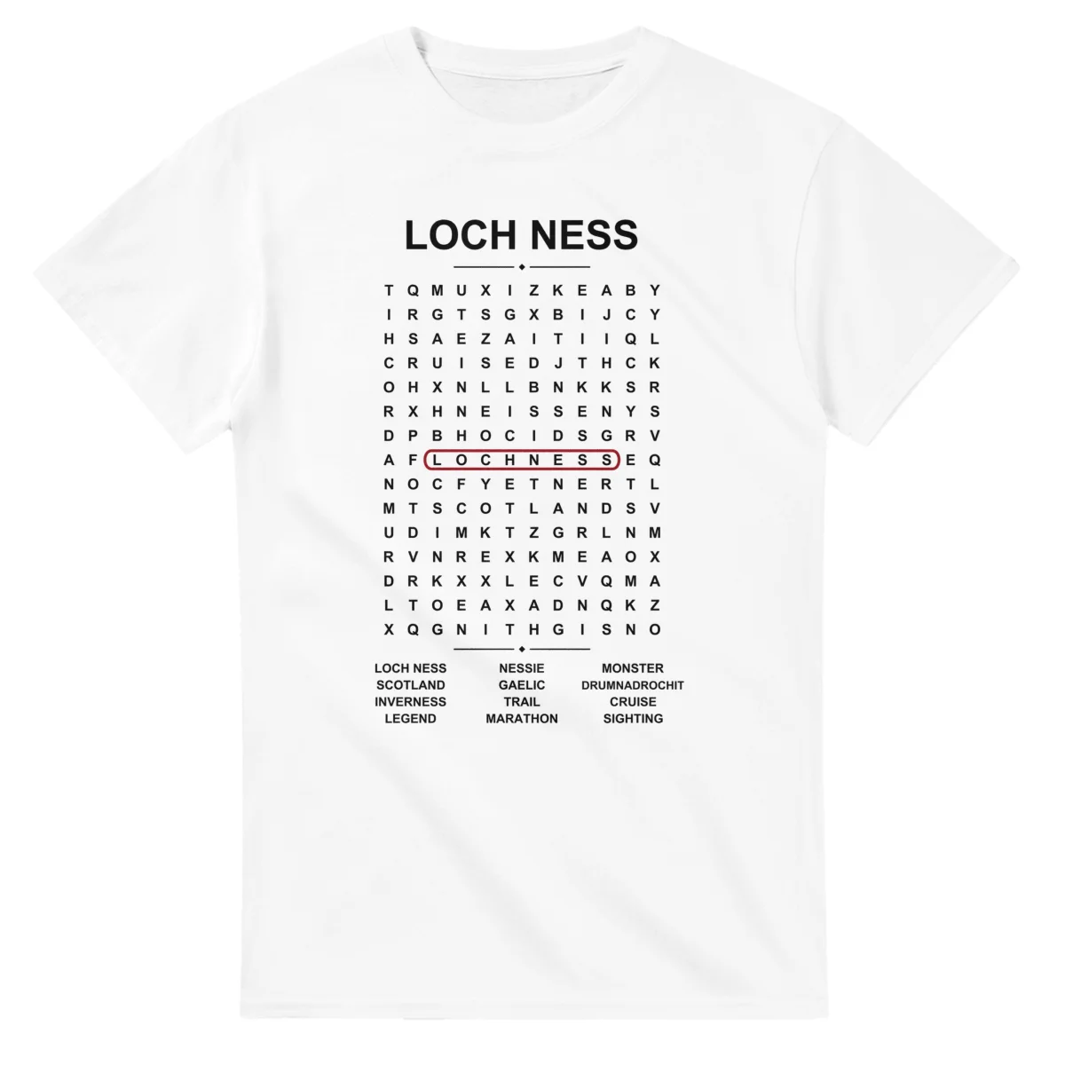 Word-search sheet for Loch Ness, with a large place-name heading, a letter grid, a local answer list, and a red highlighted example word.