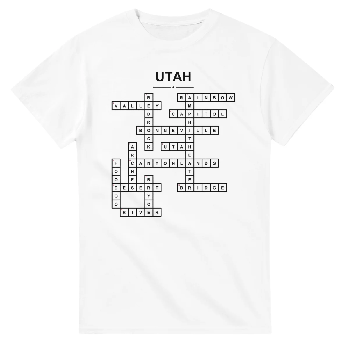 Monochrome crossword sheet for Utah, with a large place-name heading, a letter grid, and numbered across and down clues.