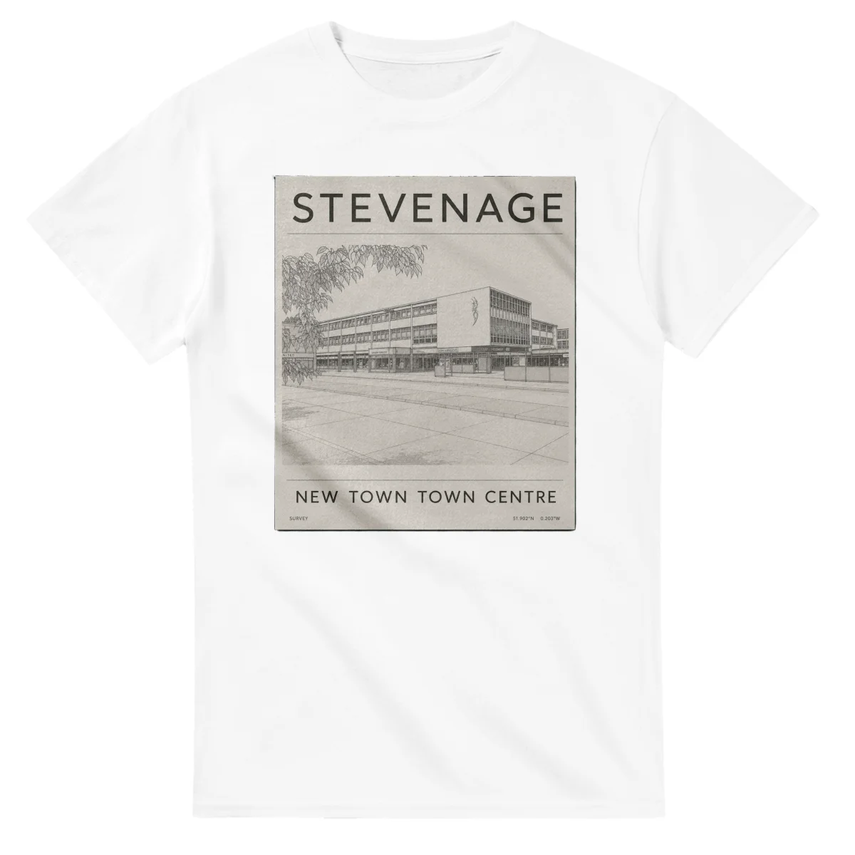 Fine-line engraving-style drawing for Stevenage, with a landmark caption and small coordinate text.