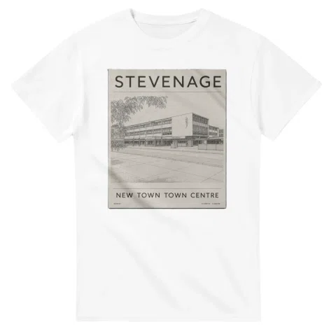 Fine-line engraving-style drawing for Stevenage, with a landmark caption and small coordinate text.