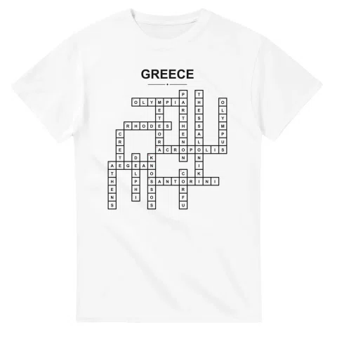 Monochrome crossword sheet for Greece, with a large place-name heading, a letter grid, and numbered across and down clues.