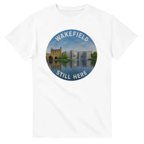 Painted, panelled scenic illustration for Wakefield, with paired local scenes and the place name in lettering.