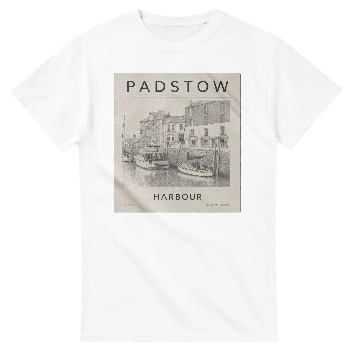 Fine-line engraving-style drawing for Padstow, with a landmark caption and small coordinate text.