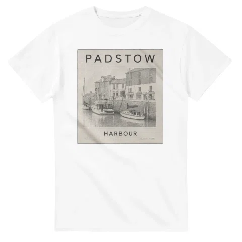 Fine-line engraving-style drawing for Padstow, with a landmark caption and small coordinate text.