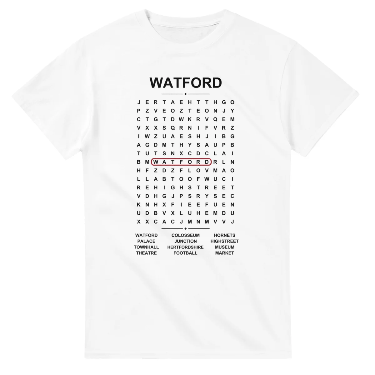 Word-search sheet for Watford, with a large place-name heading, a letter grid, a local answer list, and a red highlighted example word.