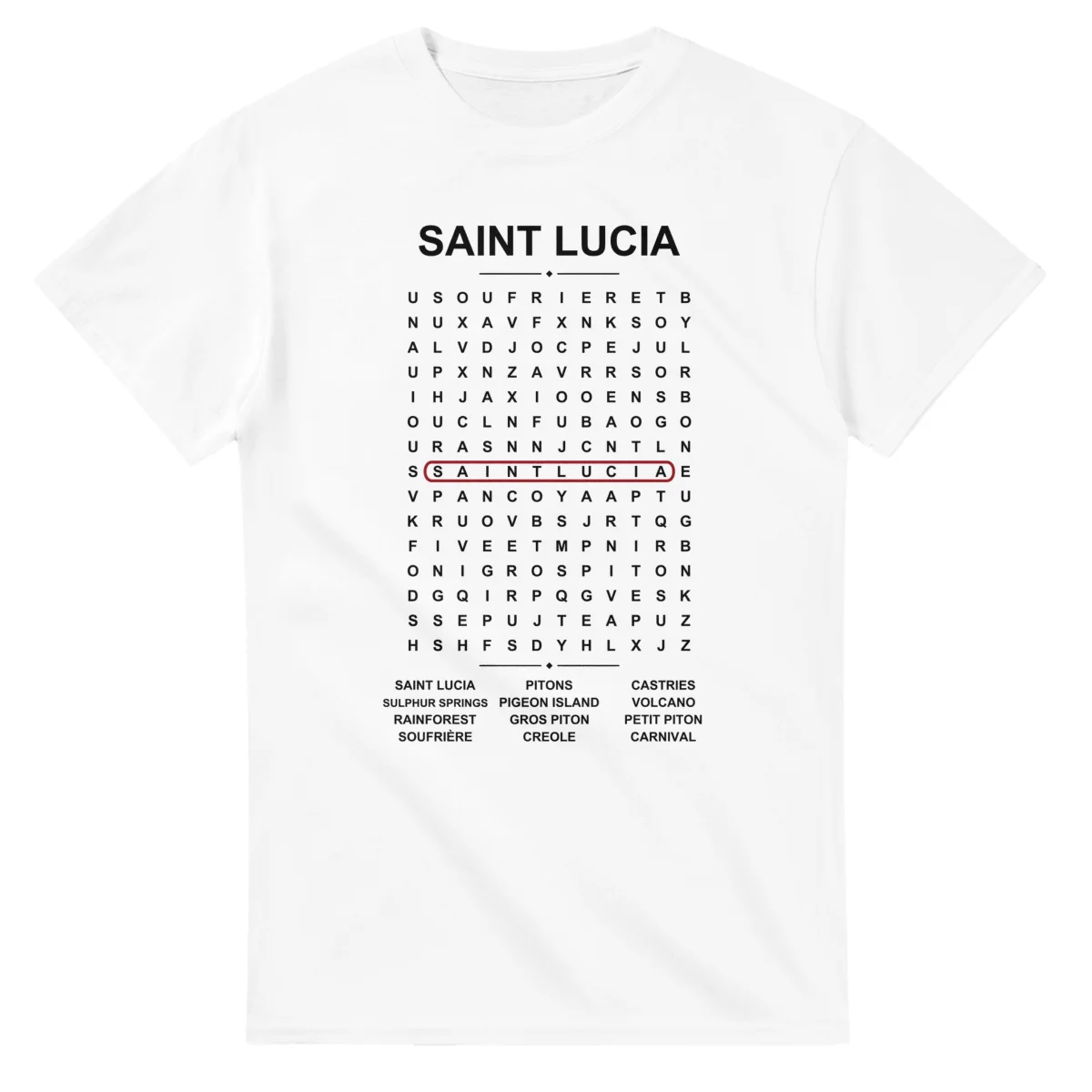 Word-search sheet for Saint Lucia, with a large place-name heading, a letter grid, a local answer list, and a red highlighted example word.