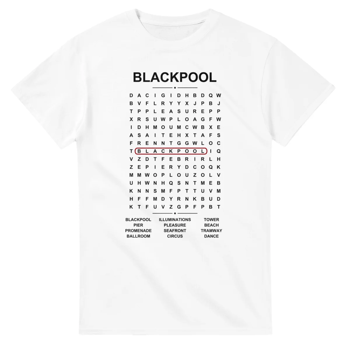 Word-search sheet for Blackpool, with a large place-name heading, a letter grid, a local answer list, and a red highlighted example word.