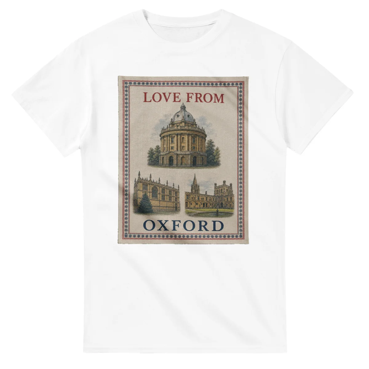 Framed scenic design for Oxford, with several local views, a decorative border and LOVE FROM lettering.