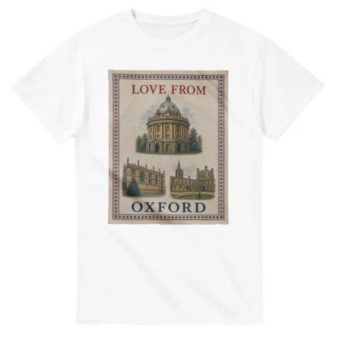 Framed scenic design for Oxford, with several local views, a decorative border and LOVE FROM lettering.