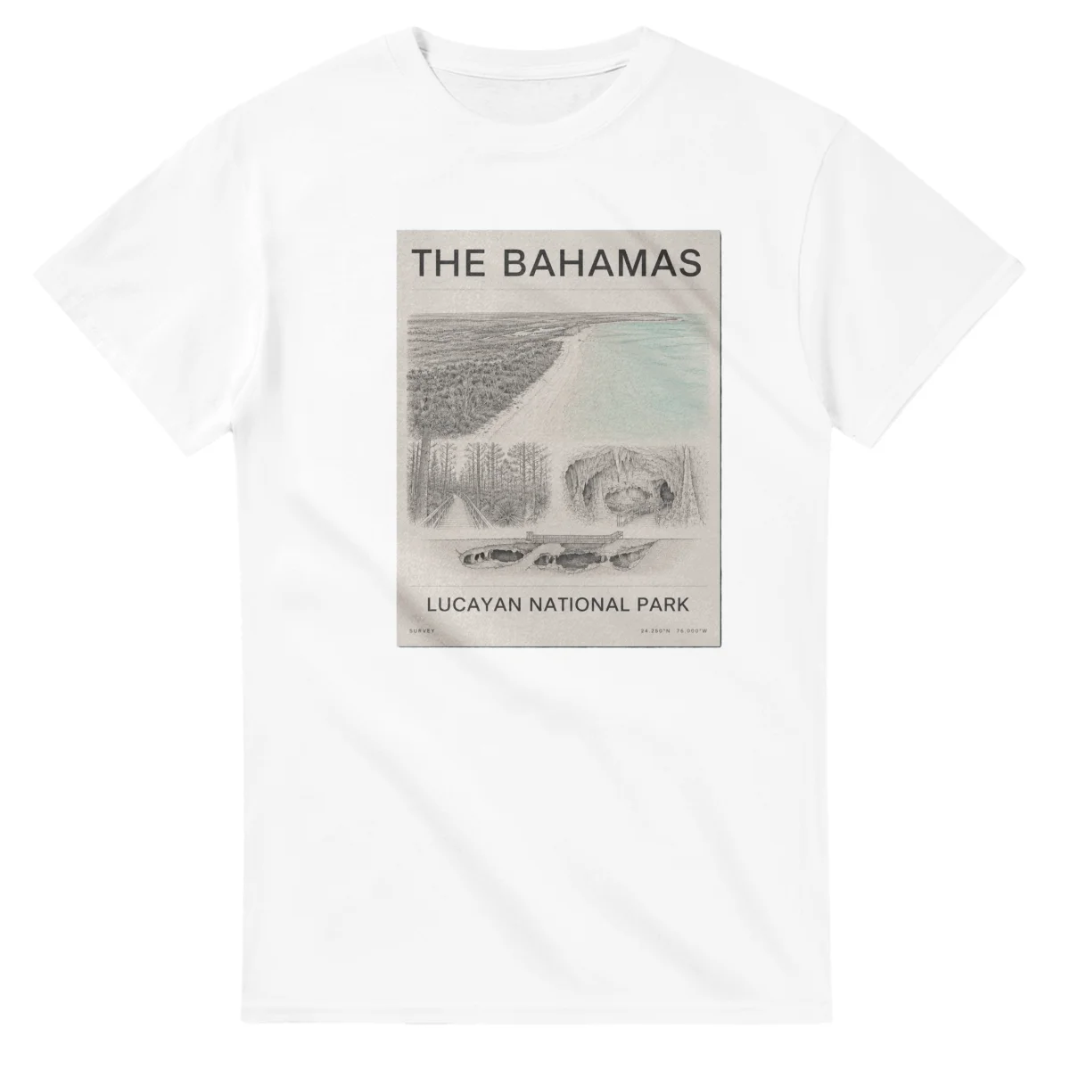 Fine-line engraving-style drawing for The Bahamas, with a landmark caption and small coordinate text.