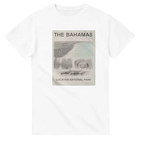 Fine-line engraving-style drawing for The Bahamas, with a landmark caption and small coordinate text.
