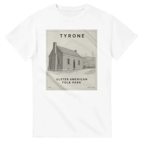 Fine-line engraving-style drawing for Tyrone, with a landmark caption and small coordinate text.