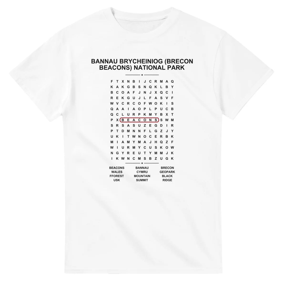 Word-search sheet for Bannau Brycheiniog (Brecon Beacons) National Park, with a large place-name heading, a letter grid, a local answer list, and a red highlighted example word.