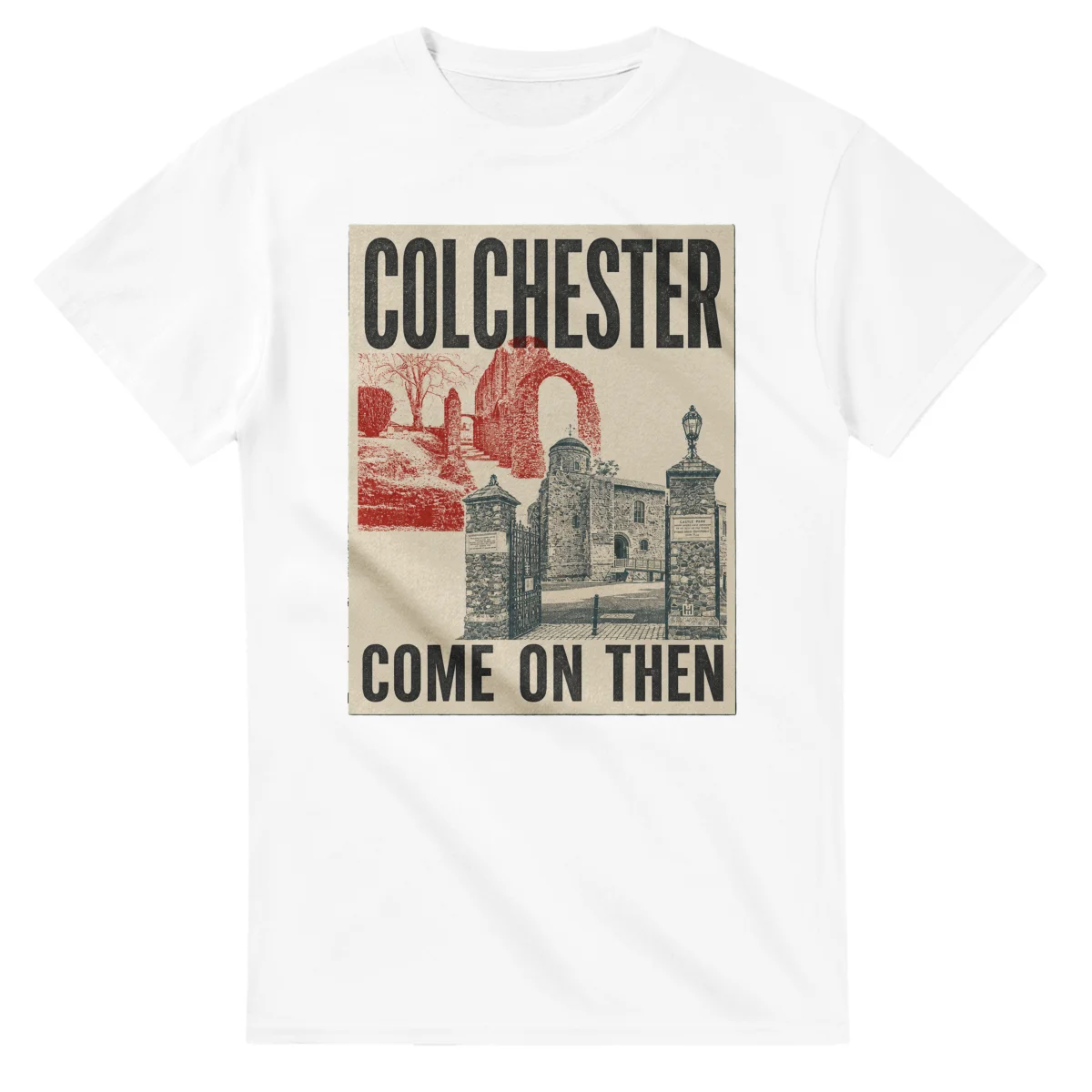 Two-colour scenic illustration for Colchester, with the place name and COME ON THEN lettering.