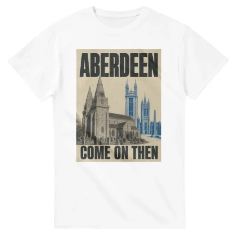Two-colour scenic illustration for Aberdeen, with the place name and COME ON THEN lettering.