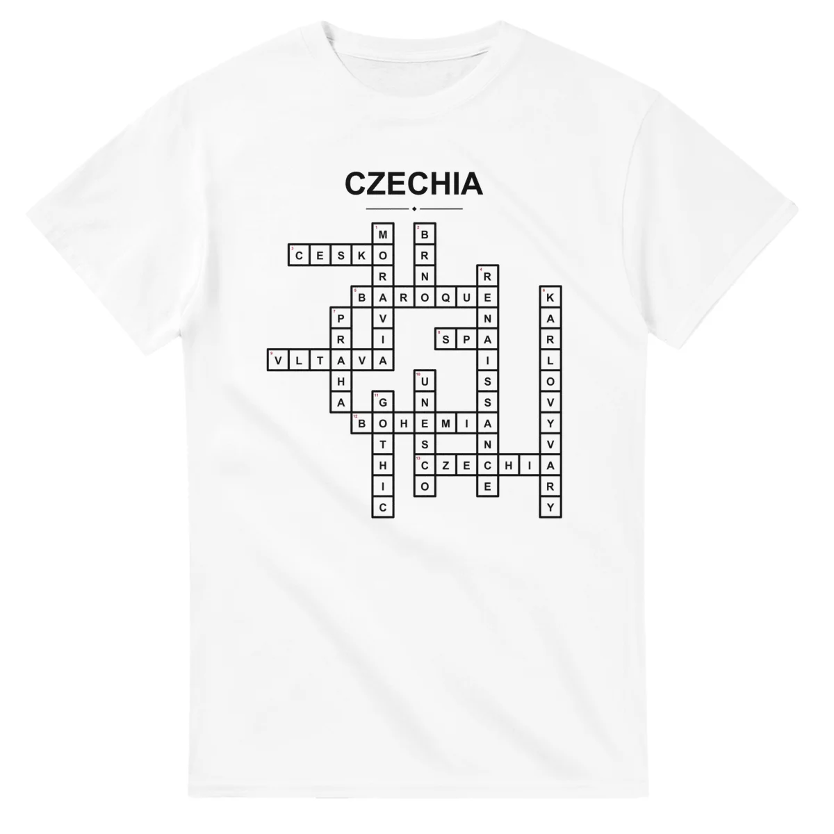 Monochrome crossword sheet for Czechia, with a large place-name heading, a letter grid, and numbered across and down clues.