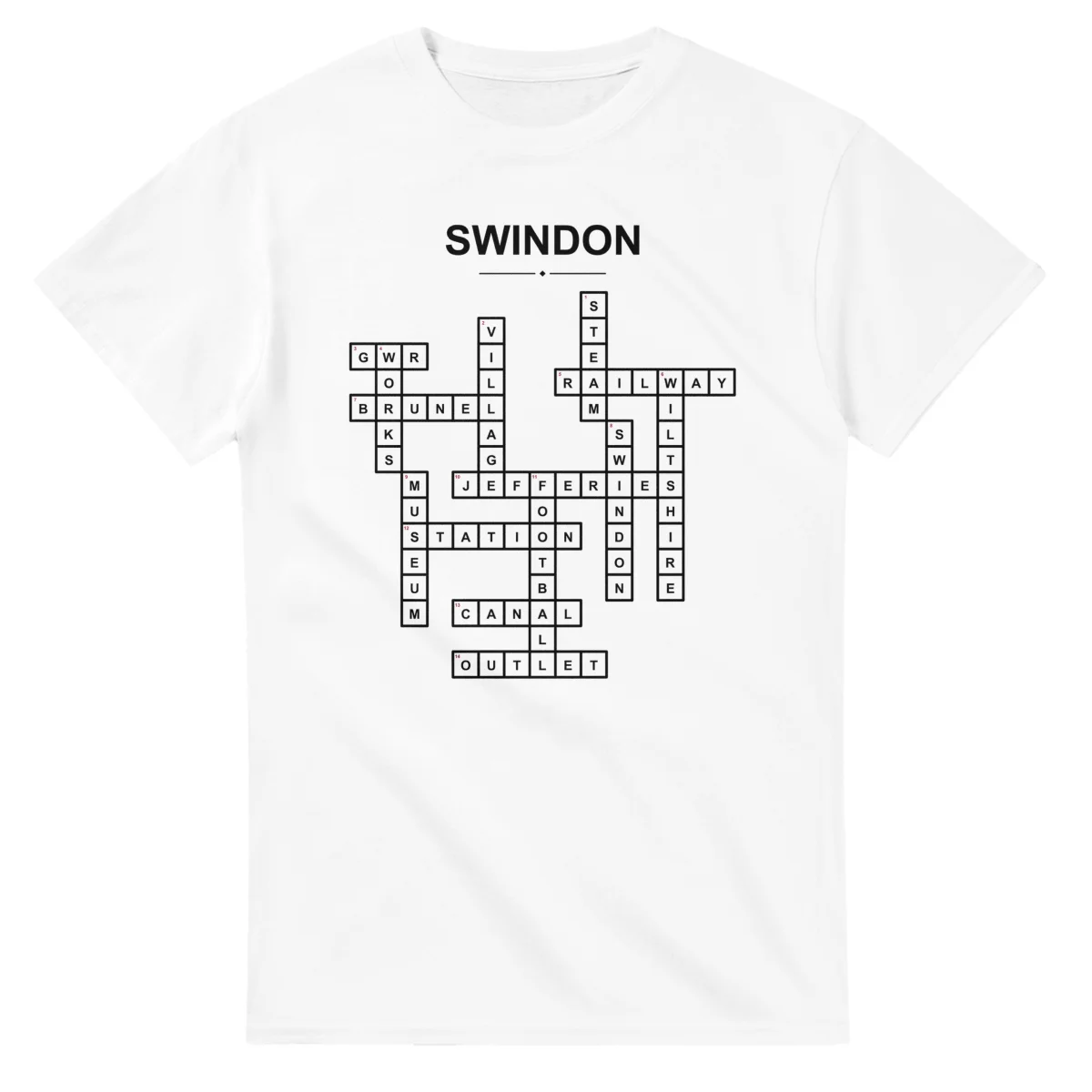 Monochrome crossword sheet for Swindon, with a large place-name heading, a letter grid, and numbered across and down clues.