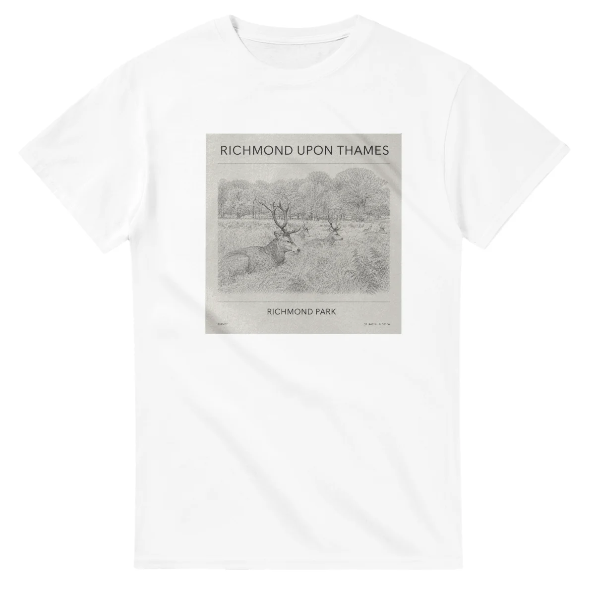 Fine-line engraving-style drawing for London Borough of Richmond upon Thames, with a landmark caption and small coordinate text.