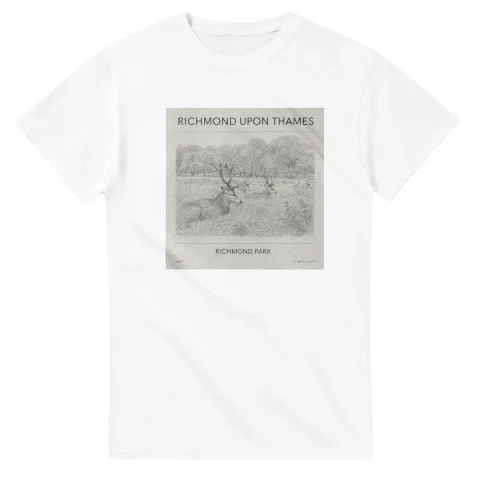 Fine-line engraving-style drawing for London Borough of Richmond upon Thames, with a landmark caption and small coordinate text.