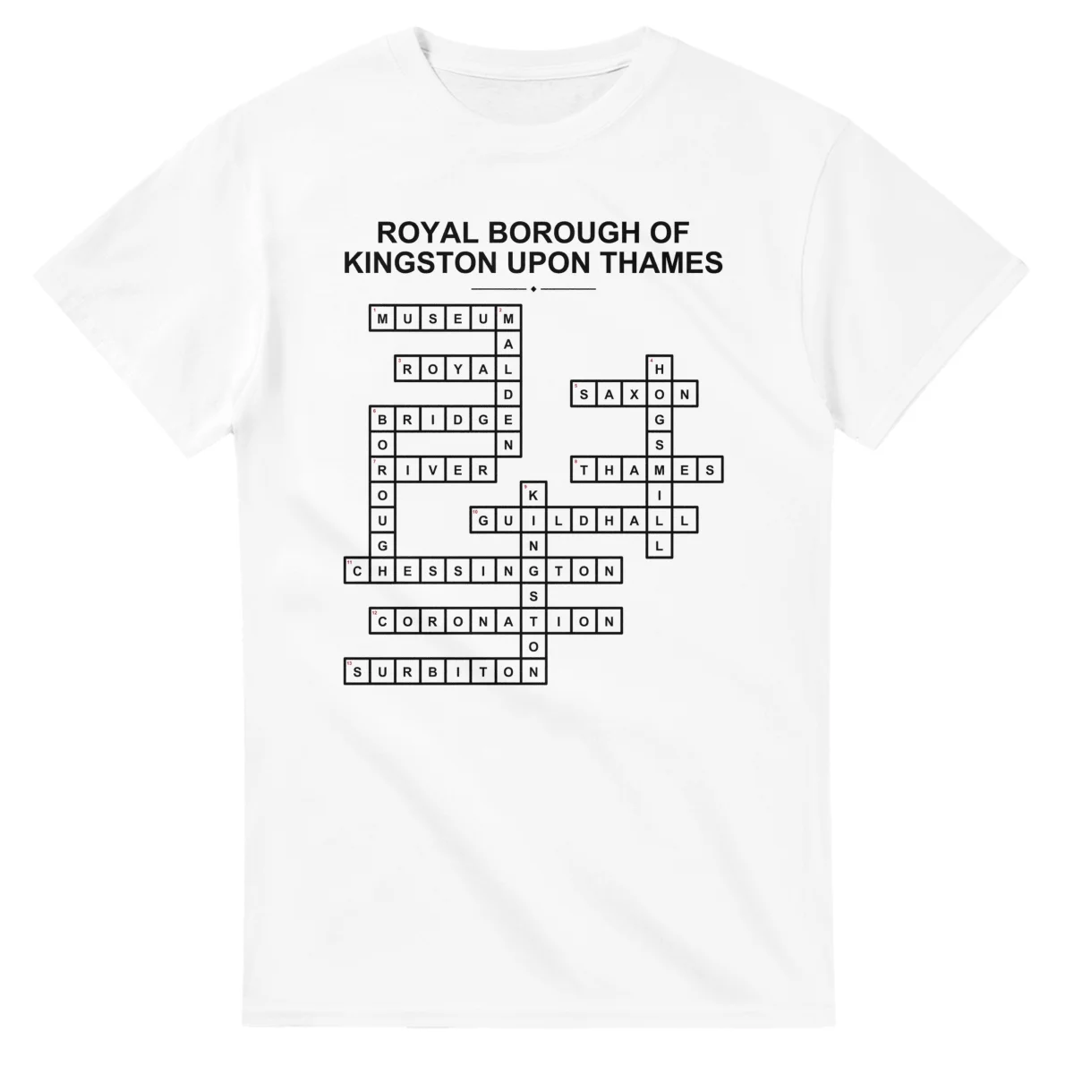 Monochrome crossword sheet for Royal Borough of Kingston upon Thames, with a large place-name heading, a letter grid, and numbered across and down clues.