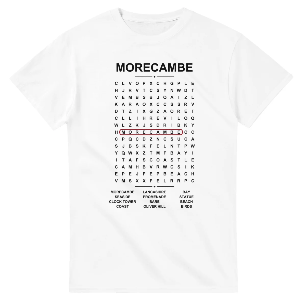 Word-search sheet for Morecambe, with a large place-name heading, a letter grid, a local answer list, and a red highlighted example word.