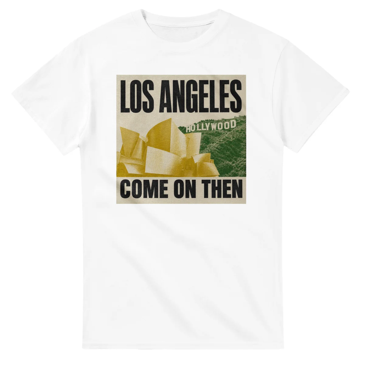 Two-colour scenic illustration for Los Angeles, with the place name and COME ON THEN lettering.