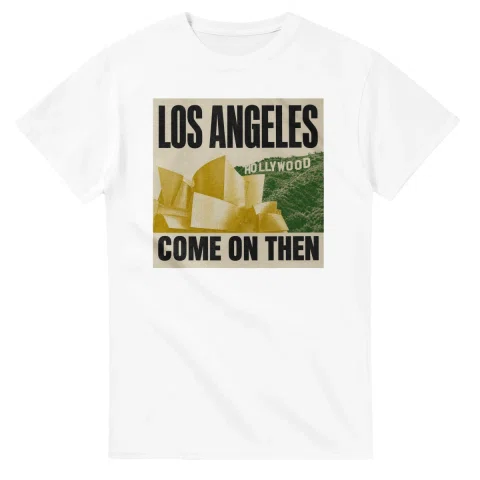 Two-colour scenic illustration for Los Angeles, with the place name and COME ON THEN lettering.