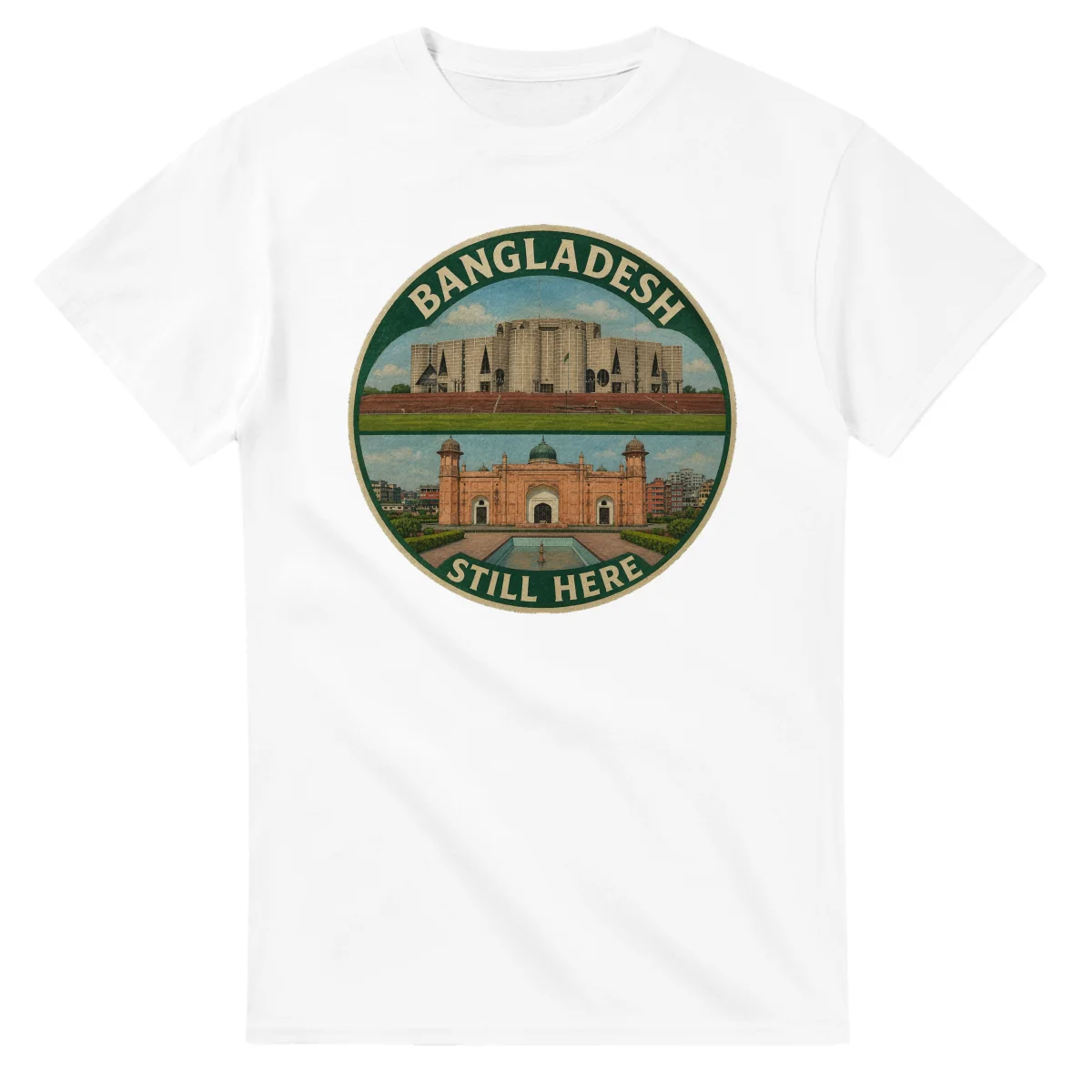 Painted, panelled scenic illustration for Bangladesh, with paired local scenes and the place name in lettering.