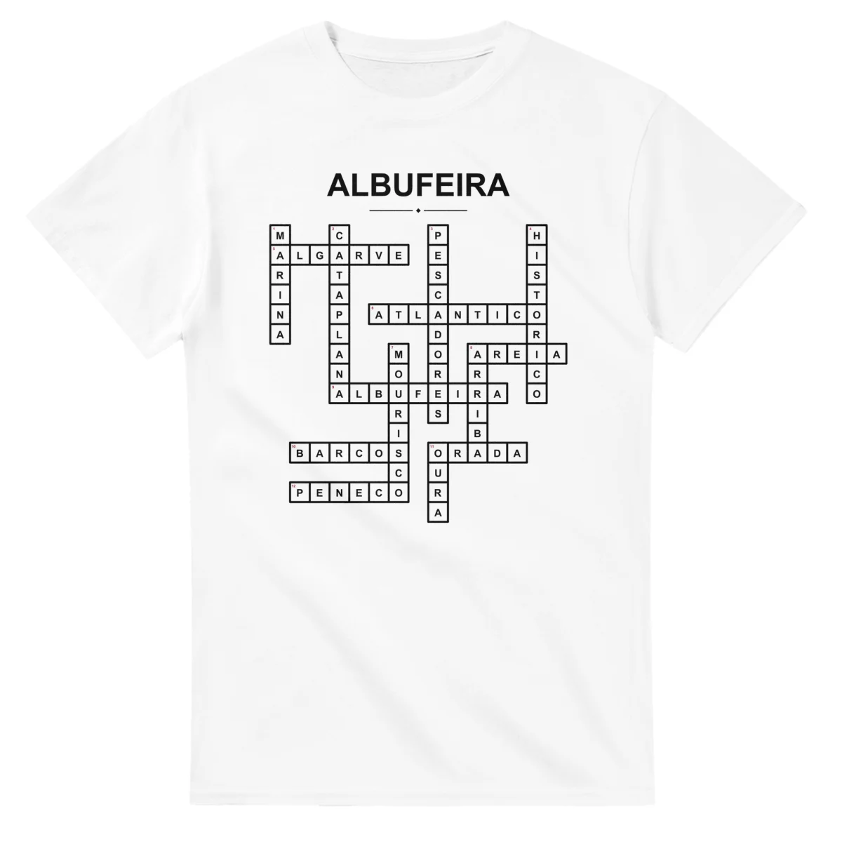 Monochrome crossword sheet for Albufeira, with a large place-name heading, a letter grid, and numbered across and down clues.