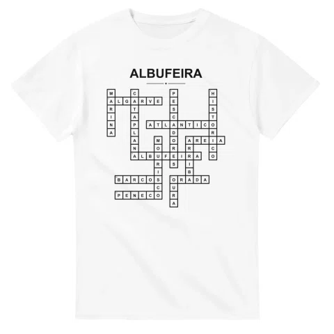 Monochrome crossword sheet for Albufeira, with a large place-name heading, a letter grid, and numbered across and down clues.