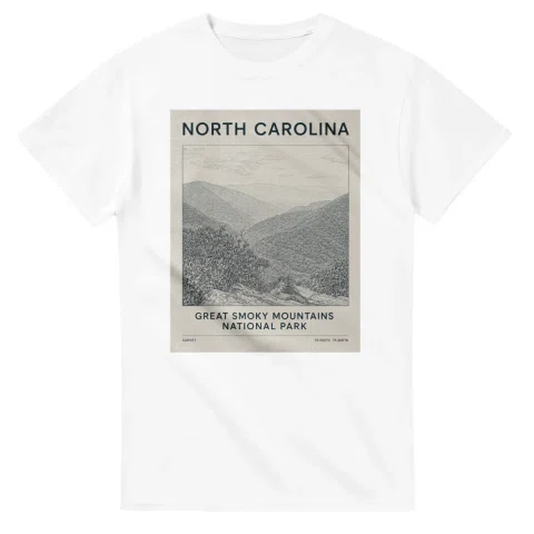 Fine-line engraving-style drawing for North Carolina, with a landmark caption and small coordinate text.