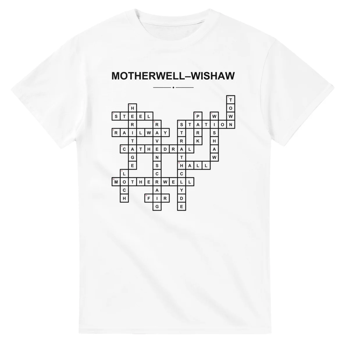 Monochrome crossword sheet for Motherwell-Wishaw, with a large place-name heading, a letter grid, and numbered across and down clues.