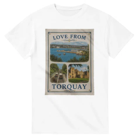 Framed scenic design for Torquay, with several local views, a decorative border and LOVE FROM lettering.