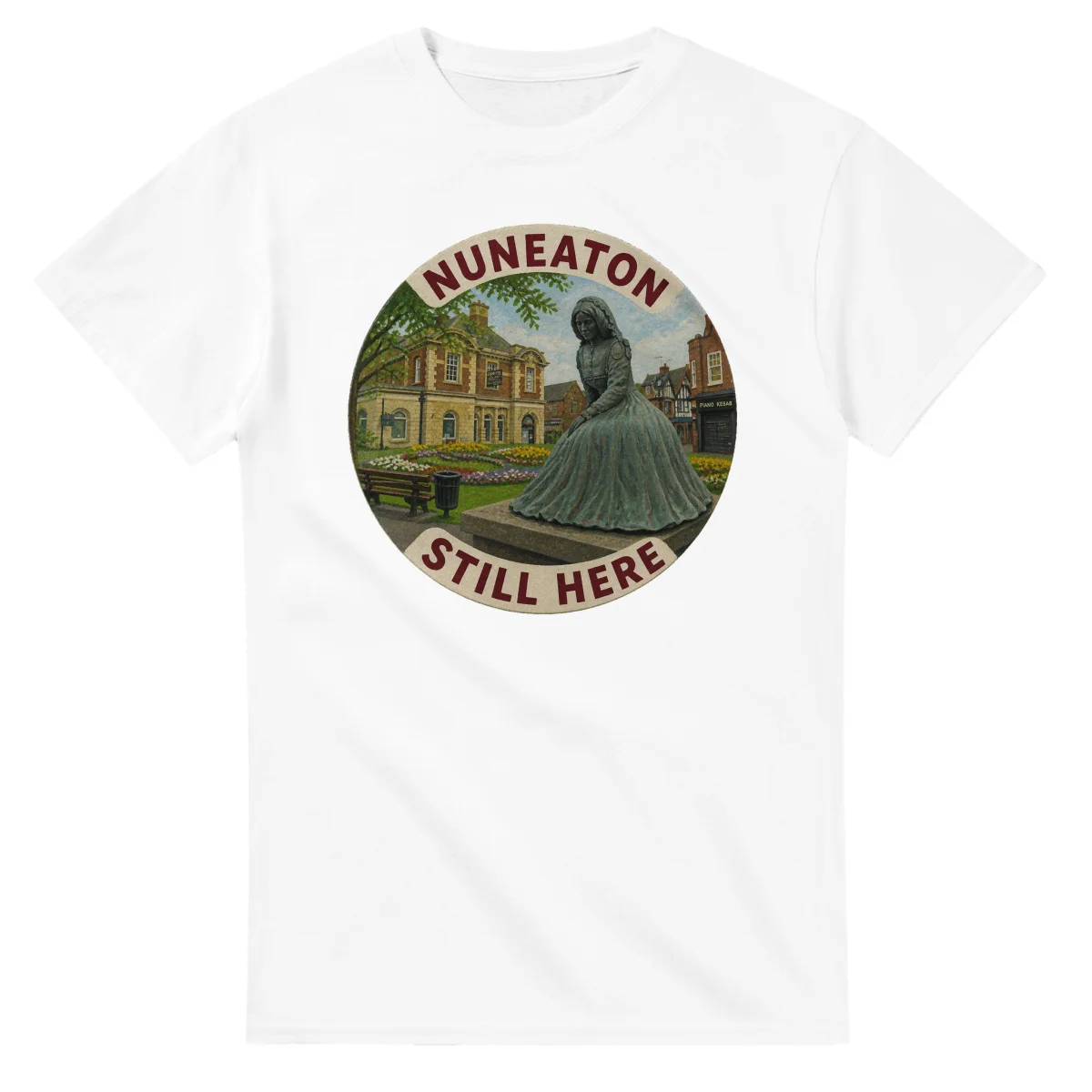 Painted, panelled scenic illustration for Nuneaton, with paired local scenes and the place name in lettering.