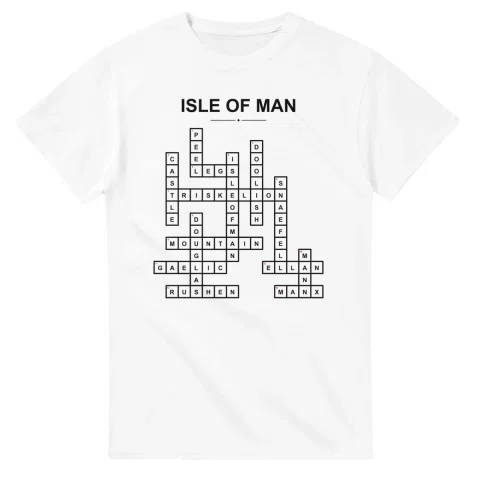 Monochrome crossword sheet for Isle of Man, with a large place-name heading, a letter grid, and numbered across and down clues.