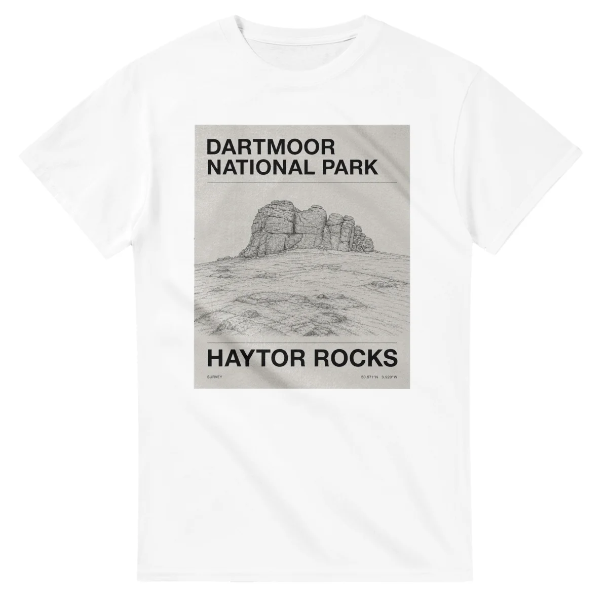 Fine-line engraving-style drawing for Dartmoor National Park, with a landmark caption and small coordinate text.