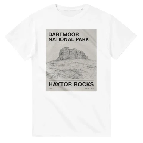 Fine-line engraving-style drawing for Dartmoor National Park, with a landmark caption and small coordinate text.