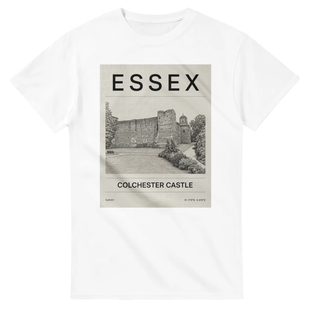 Fine-line engraving-style drawing for Essex, with a landmark caption and small coordinate text.