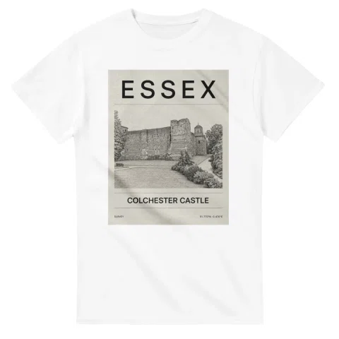 Fine-line engraving-style drawing for Essex, with a landmark caption and small coordinate text.