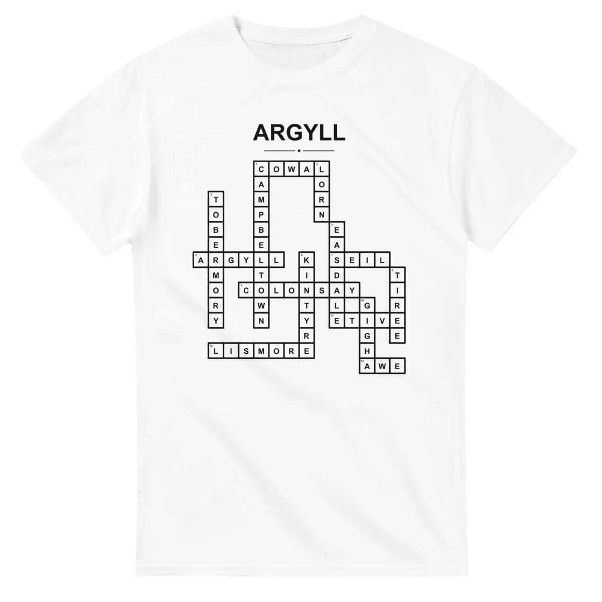 Monochrome crossword sheet for Argyll, with a large place-name heading, a letter grid, and numbered across and down clues.
