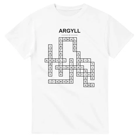 Monochrome crossword sheet for Argyll, with a large place-name heading, a letter grid, and numbered across and down clues.