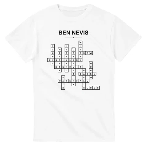 Monochrome crossword sheet for Ben Nevis, with a large place-name heading, a letter grid, and numbered across and down clues.