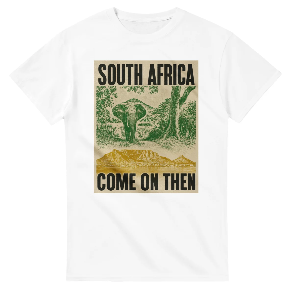 Two-colour scenic illustration for South Africa, with the place name and COME ON THEN lettering.