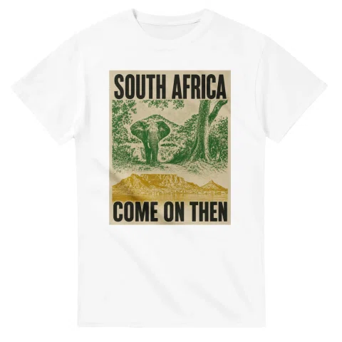 Two-colour scenic illustration for South Africa, with the place name and COME ON THEN lettering.