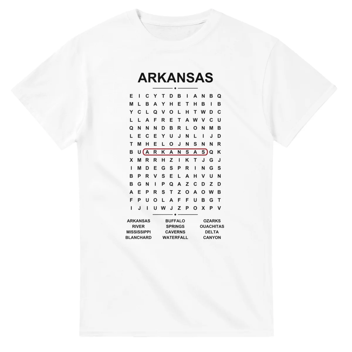 Word-search sheet for Arkansas, with a large place-name heading, a letter grid, a local answer list, and a red highlighted example word.