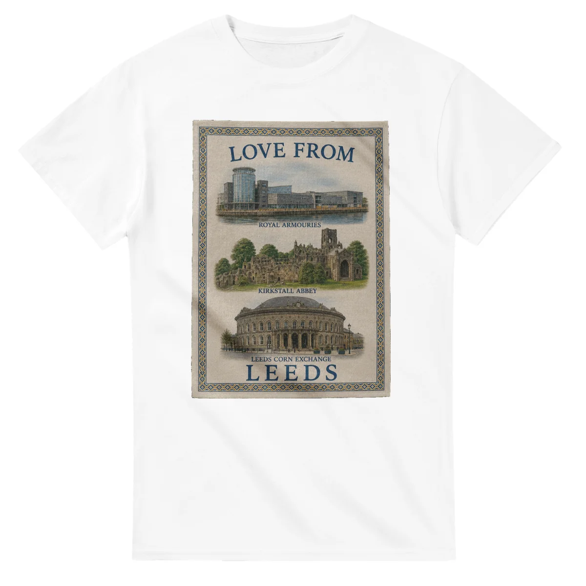 Framed scenic design for Leeds, with several local views, a decorative border and LOVE FROM lettering.