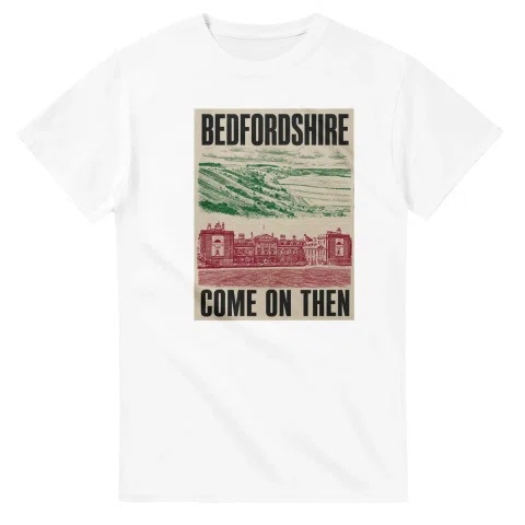 Two-colour scenic illustration for Bedfordshire, with the place name and COME ON THEN lettering.