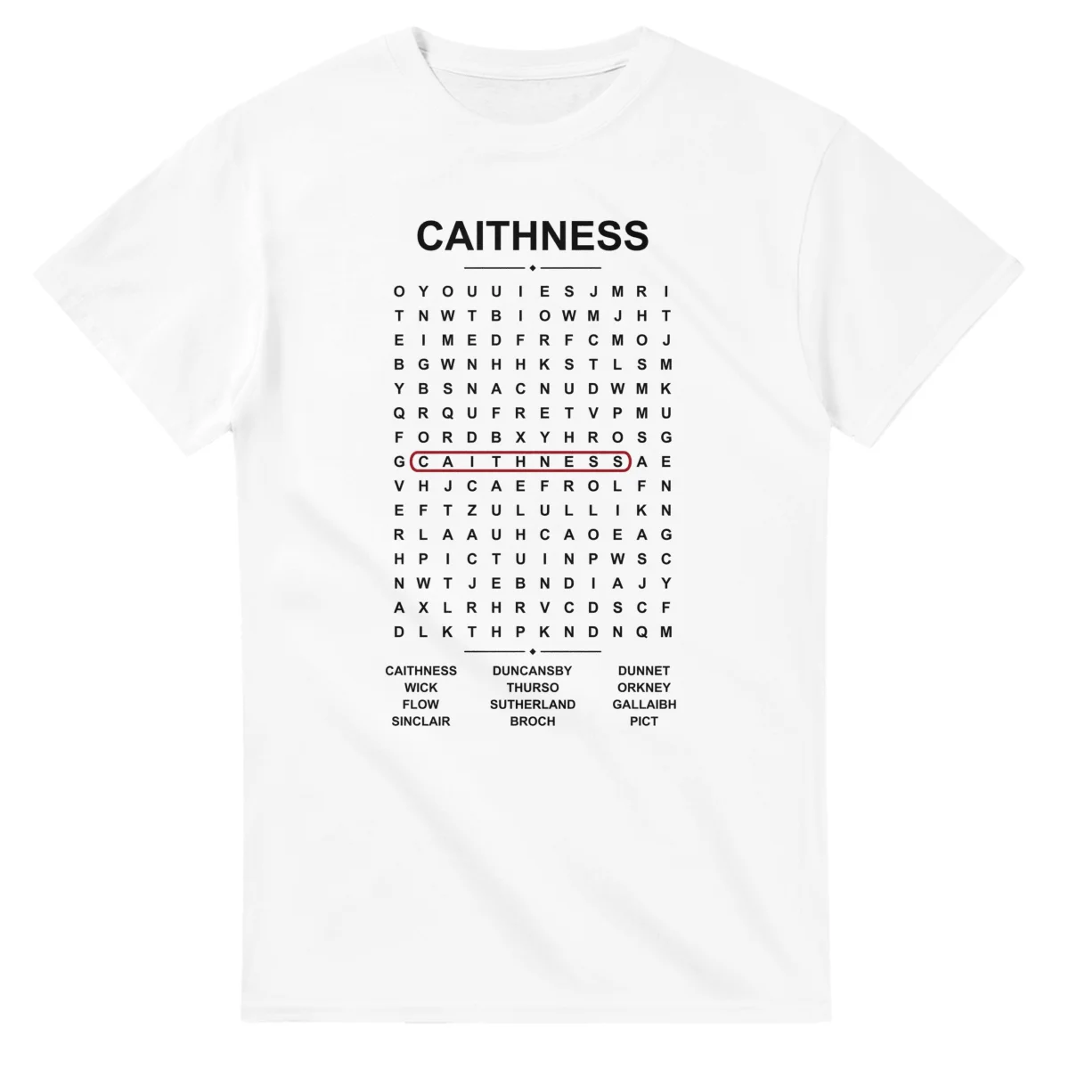Word-search sheet for Caithness, with a large place-name heading, a letter grid, a local answer list, and a red highlighted example word.