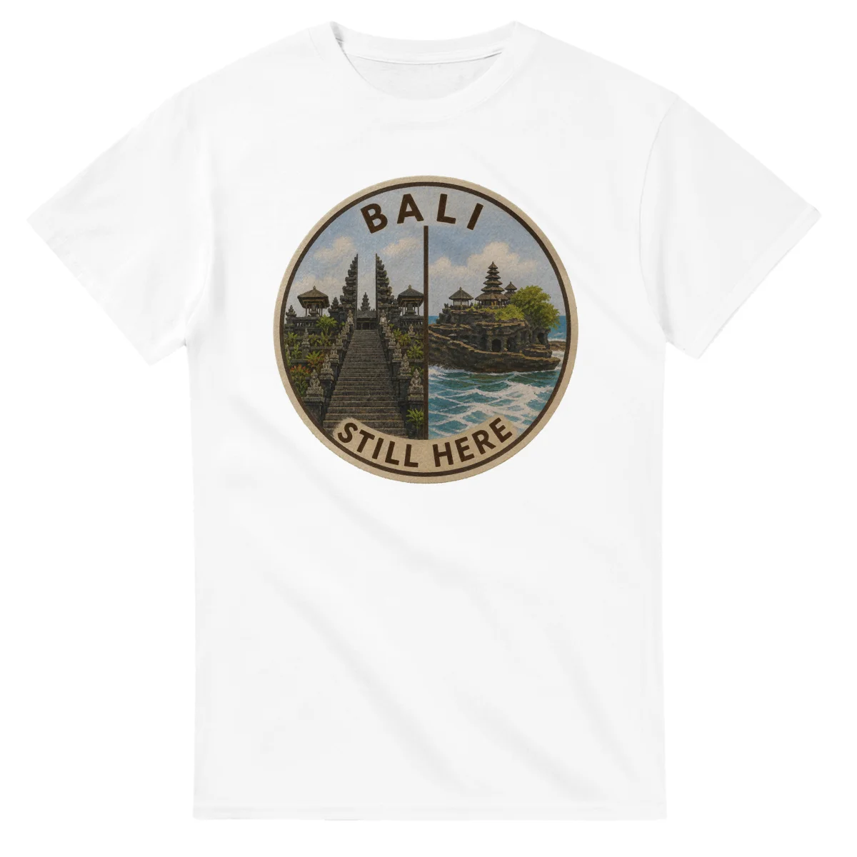Painted, panelled scenic illustration for Bali, with paired local scenes and the place name in lettering.
